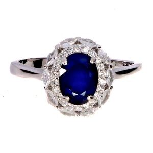 Stunning Natural Blue Sapphire w/ Zircon Halo 925 Sterling Silver- Ring Sz 8.25